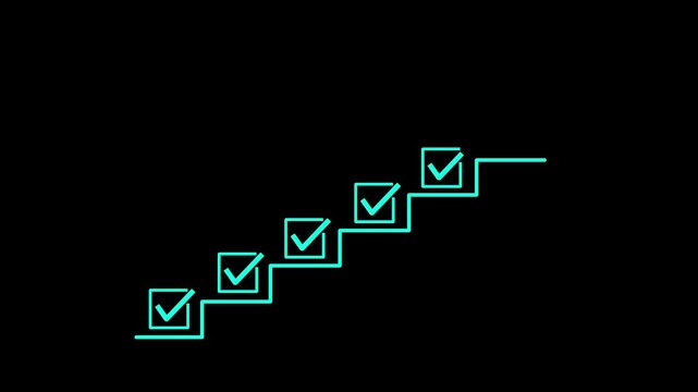Journey to Success: A Businessman Tracking Progress Step-by-Step on a Virtual Staircase, Reaching the Final Goal Marked by a Victory Flag