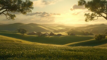Obraz premium Serene Sunset Over Rolling Hills and Village