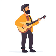 Naklejka premium A stylish bearded man in a mustard sweater and beret playing an acoustic guitar. A passionate street musician performing in a classic, artistic style
