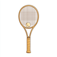 A classic wooden tennis racket with a yellow tennis ball placed inside the strings. A vintage sports equipment illustration representing traditional tennis
