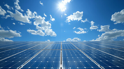 Solar panels under a bright blue sky, representing clean energy and sustainable power solutions for renewable energy websites and environmental projects