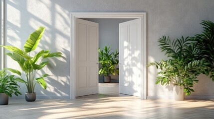 Sunlit room with open double doors, potted plants, and hardwood floor.