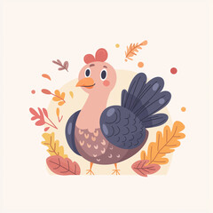Fototapeta premium A cute and festive Thanksgiving turkey surrounded by autumn leaves in a warm, decorative style. A perfect seasonal illustration representing gratitude and harvest