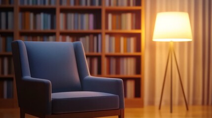 Cozy reading nook featuring a blue armchair beside a warm lamp, with a bookshelf backdrop