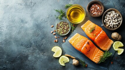 Fresh salmon with various healthy ingredients prepared.