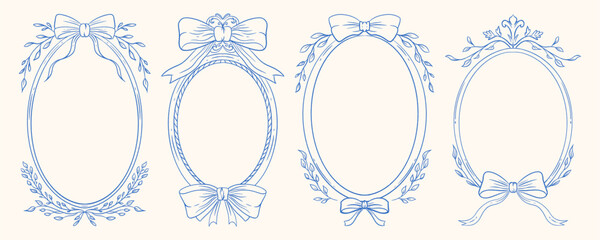 Vintage hand-drawn frames with bows and botanical elements in monochrome blue ink. Ideal for wedding invitations, certificates, and elegant branding.
