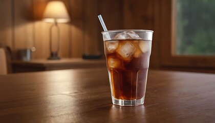 Two plastic take away cup of iced black coffee americano and iced coffee latte on wood table in garden,Iced Black Coffee Refreshment. Two Takeaway Cups of Iced Americano and Latte Served on Table,76
