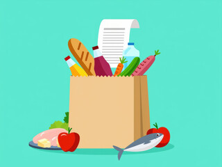 paper bag filled with groceries: fresh produce bread and drinks