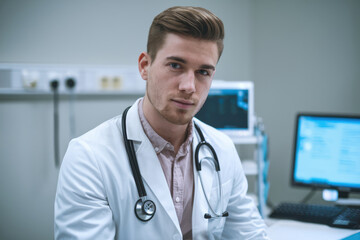 Confident young male doctor in modern hospital with stethoscope, looking directly at camera, representing expertise, trust, and professionalism in healthcare