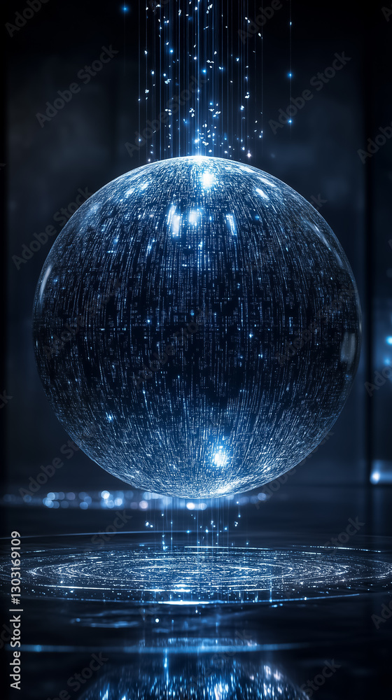 Poster A mesmerizing spherical structure reveals a dynamic data matrix, with patterns continuously evolving in a dark, futuristic space illuminated by ethereal lights