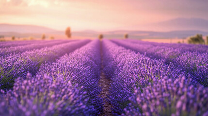 Obraz premium Experience the serene beauty of a vibrant lavender field in full bloom, bathed in the warm glow of the setting sun. Generative AI