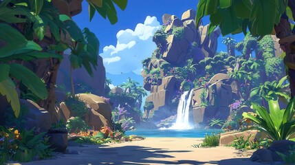 Tranquil Tropical Paradise Waterfall Lush Foliage Sandy Beach
