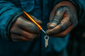 Dirty hands hold a key and small tool.