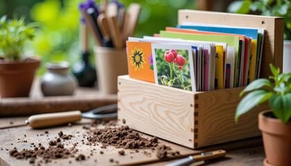 Colorful seed packets arranged in wooden box on gardening bench, growth concept