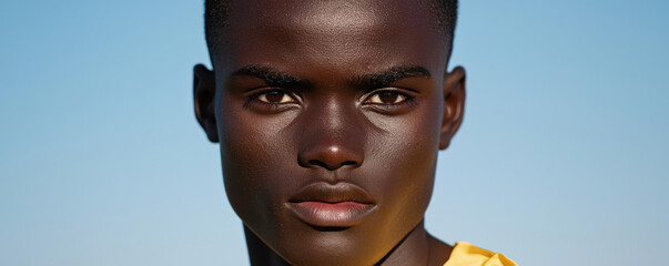 Determined expression of young man against clear blue sky, showcasing confidence and strength