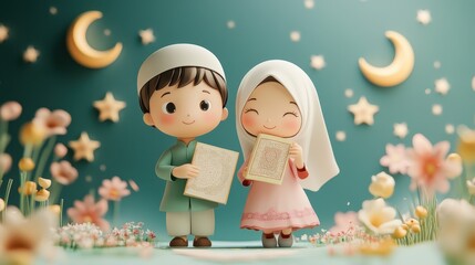 A Joyous Celebration of Learning: Cute Children Holding Quran Surrounded by Nature and Stars