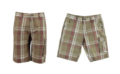 Men's checkered brown shorts with pockets. Knee-length shorts. Photo on a mannequin without a...