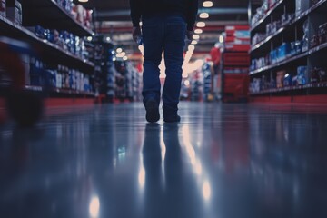 A Person Walking Alone in an Aisle of a Hardware Store at Night