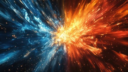 Abstract fiery and icy explosion, colliding forces of nature.