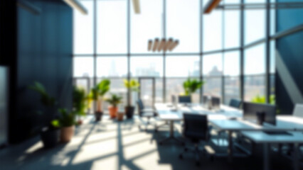 Fototapeta premium Beautiful blurred background of a light modern office interior with panoramic windows and beautiful lighting.