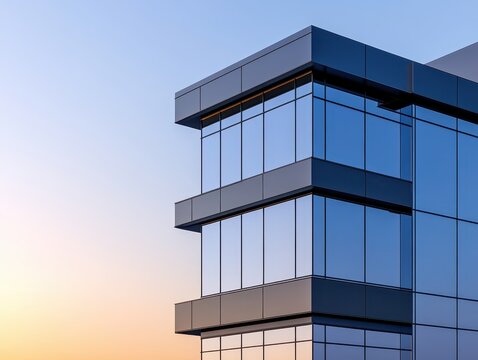 Modern office building with reflective glass facade at sunset, showcasing architecture - Powered by Adobe