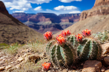 Red cacti and succulents in the desert of Moab, Utah with a blurred background of the Grand Canyon on a sunny day.