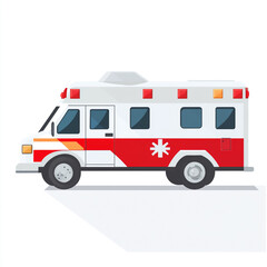 A side view of an ambulance with a red and white color scheme, emergency lights on top, and a medical symbol on the side.