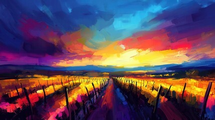Vibrant Sunset over a Rural Vineyard Landscape Painting