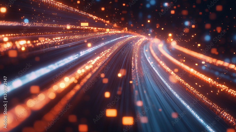 Poster realistic depiction of fast-moving data streams illuminated by vibrant colors in an abstract digital
