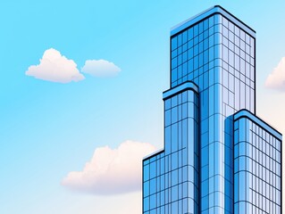 Modern skyscraper with reflective glass facade under a bright blue sky