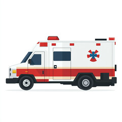 A side view of an ambulance with a red and white color scheme, emergency lights on top, and a medical symbol on the side.