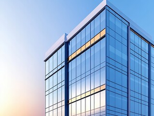 Modern glass office building reflecting sunset with clear blue sky backdrop