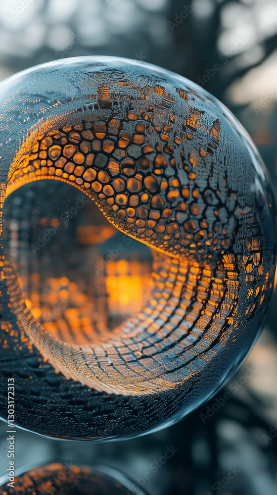 Poster A spherical structure evolves with a data matrix, showcasing constantly shifting patterns in vibrant colors. This captivating display immerses viewers in an abstract digital world
