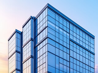 Modern glass office building reflecting sunset sky in urban setting
