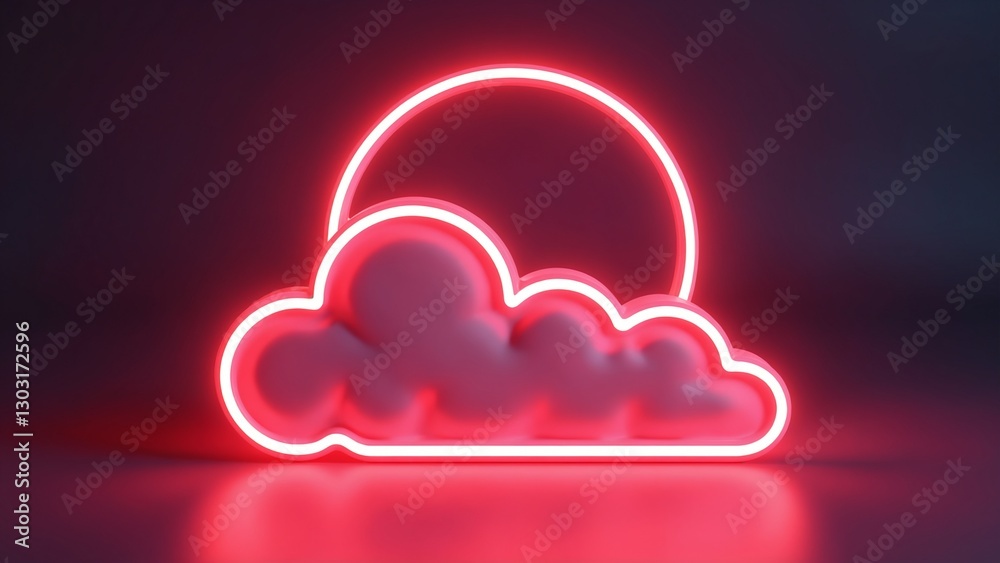 Poster 3d render, abstract cloud illuminated with neon light ring on dark night sky. glowing geometric shap