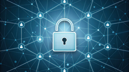 glowing padlock in center of digital network symbolizes security and protection in connected world. This conveys importance of safeguarding information