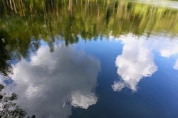 Obraz premium the reflection of the sky and trees in the water, creating an abstract landscape.