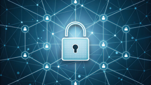 glowing padlock in center of digital network symbolizes security and protection in connected world. This conveys importance of safeguarding information