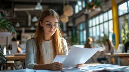 Teen intern organizing documents in a busy office, natural lighting