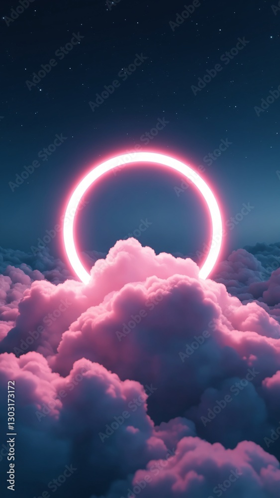 Aufkleber 3d render, abstract cloud illuminated with neon light ring on dark night sky. glowing geometric shap