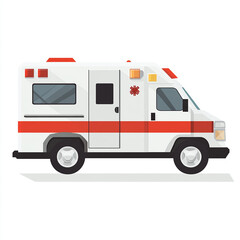 A side view of an ambulance with a red and white color scheme, emergency lights on top, and a medical symbol on the side.