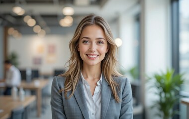 Confident professional businesswoman smiles in a modern office environment