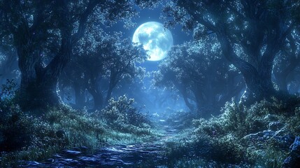 Fototapeta premium The moonlight shining through a canopy of trees, creating a mystical forest glow