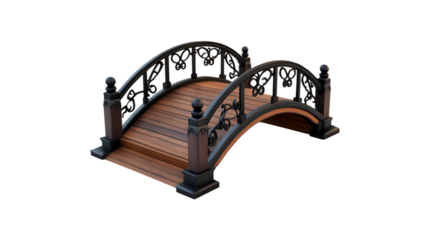 Elegant Wooden Bridge with Ornate Railing Garden Decor on Transparent Background