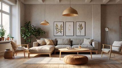 This living room has a cozy, Scandinavian - inspired style. It features a light toned sofa with cushions, paired with wooden armchairs and a round coffee table. 