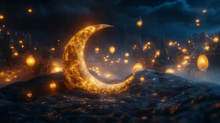 Naklejka premium Glowing Crescent Moon Over Enchanting Night City