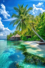 Naklejka premium Beautiful tropical beach with palm trees. Selective focus.