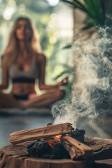 Fototapeta premium Palo Santo sticks woman doing yoga. Selective focus.