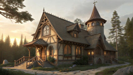 Enchanting wooden house at sunset surrounded by tall trees  