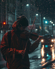 Fototapeta premium Street Musician Playing Violin in the Rain Under the Glow of City Lights at Night